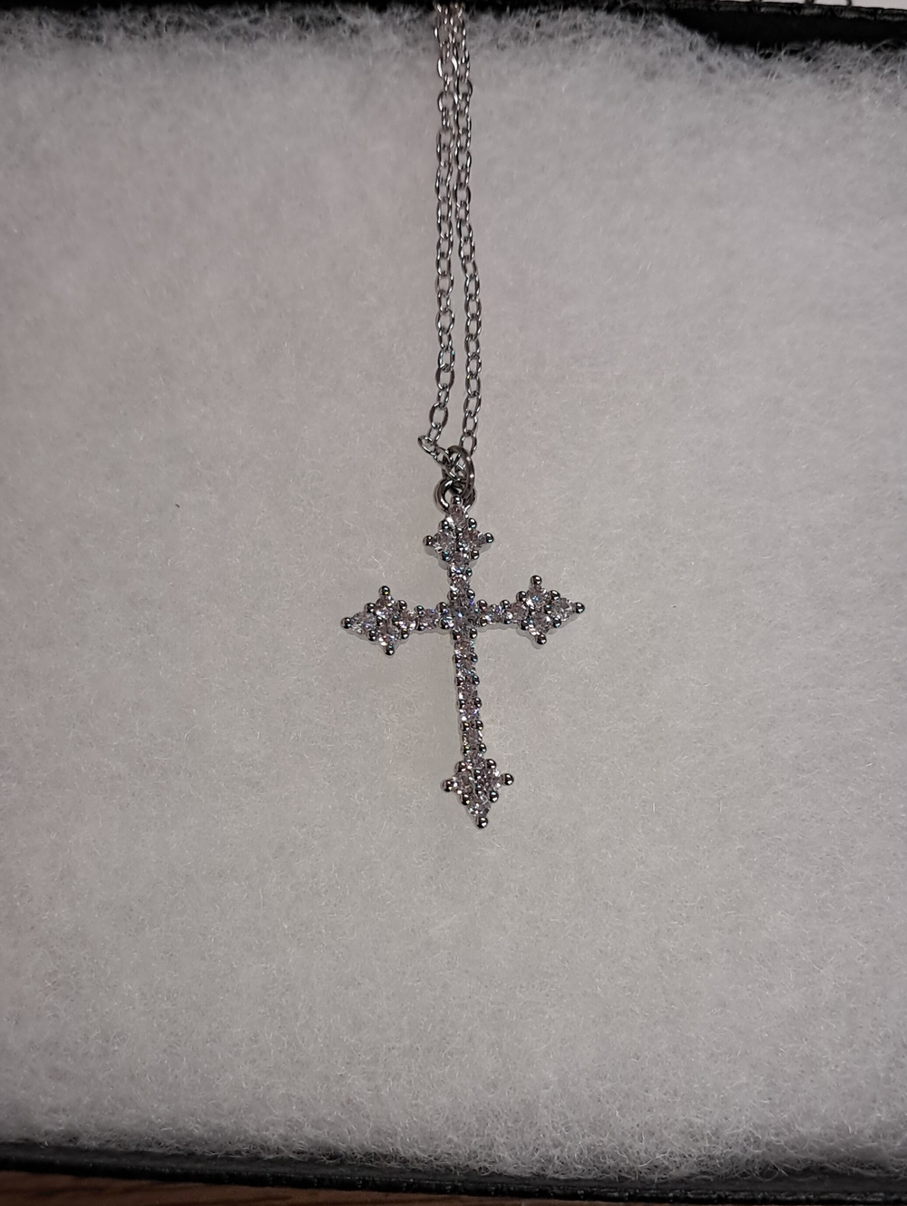 Delicate Silver Cross Necklace with Clear Crystal Accents